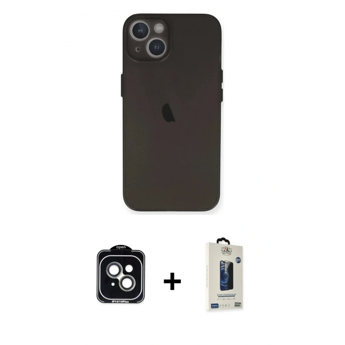 MARSİLYAN™- iPhone 14 Kılıf Yadigar Yansıma Serisi - Siyah Bilvis Hayalet Cam Ekran Koruyucu + PVD Metal Kamera Lens - YL