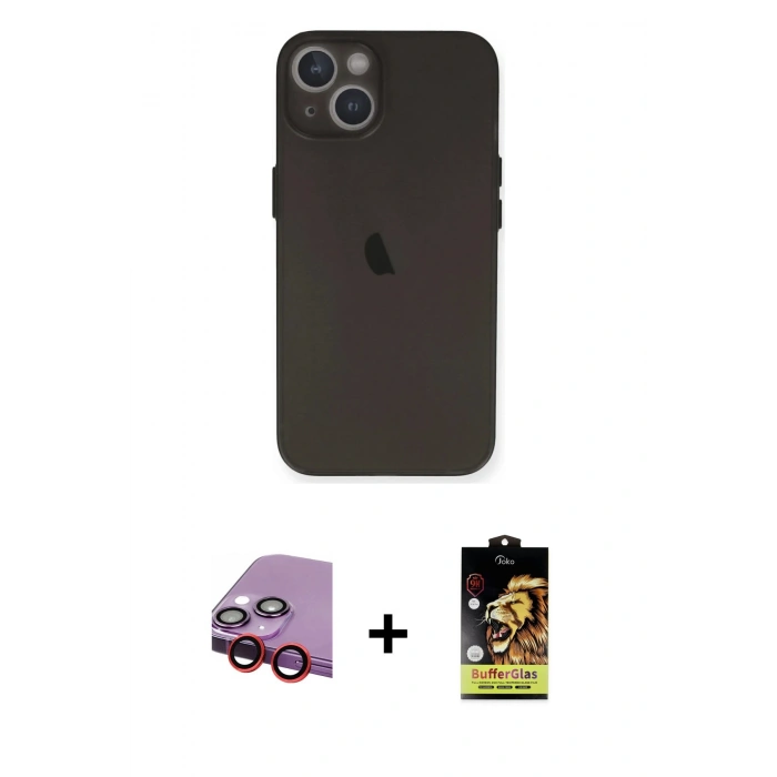 MARSİLYAN™- iPhone 14 Kılıf Yadigar Yansıma Serisi - Siyah Buffer Cam Ekran Koruyucu + Kırmızı Raze Metal Kamera Lens