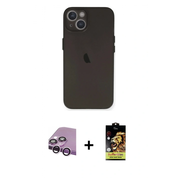 MARSİLYAN™- iPhone 14 Kılıf Yadigar Yansıma Serisi - Siyah Buffer Cam Ekran Koruyucu + Mor Raze Metal Kamera Lens