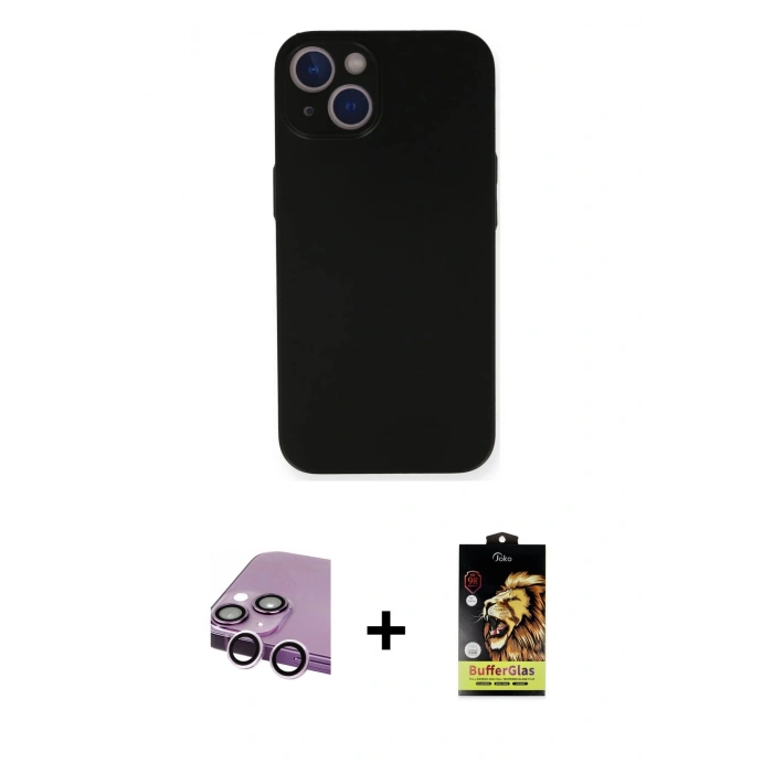 MARSİLYAN™- iPhone 14 Kılıf Yadigar Yansıma Serisi - Siyah Buffer Cam Ekran Koruyucu + Mor Raze Metal Kamera Lens