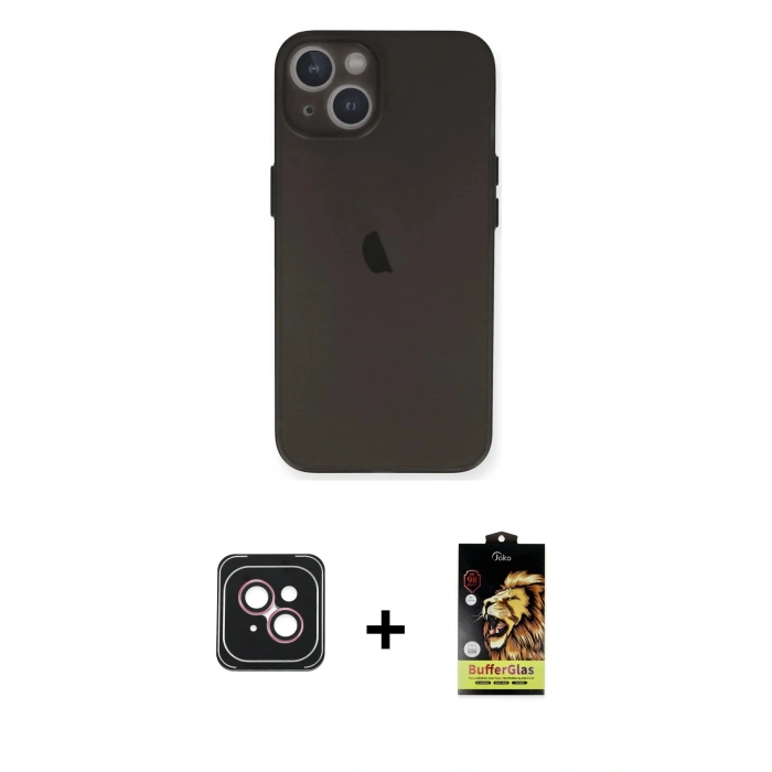 MARSİLYAN™- iPhone 14 Kılıf Yadigar Yansıma Serisi - Siyah Buffer Cam Ekran Koruyucu + Pembe PVD Metal Kamera Lens