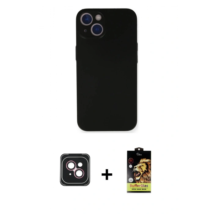 MARSİLYAN™- iPhone 14 Kılıf Yadigar Yansıma Serisi - Siyah Buffer Cam Ekran Koruyucu + Pembe PVD Metal Kamera Lens