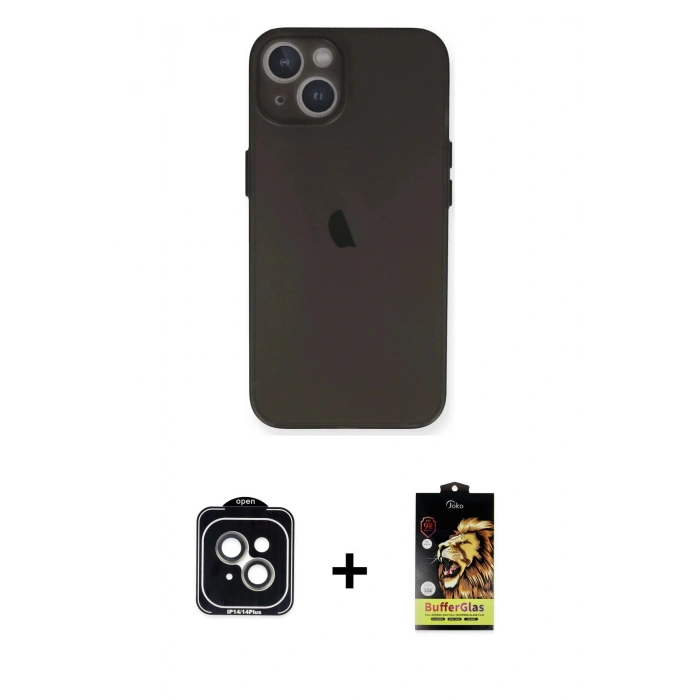 MARSİLYAN™- iPhone 14 Kılıf Yadigar Yansıma Serisi - Siyah Buffer Cam Ekran Koruyucu + PVD Metal Kamera Lens - YL
