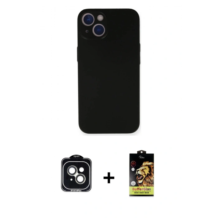 MARSİLYAN™- iPhone 14 Kılıf Yadigar Yansıma Serisi - Siyah Buffer Cam Ekran Koruyucu + PVD Metal Kamera Lens - YL