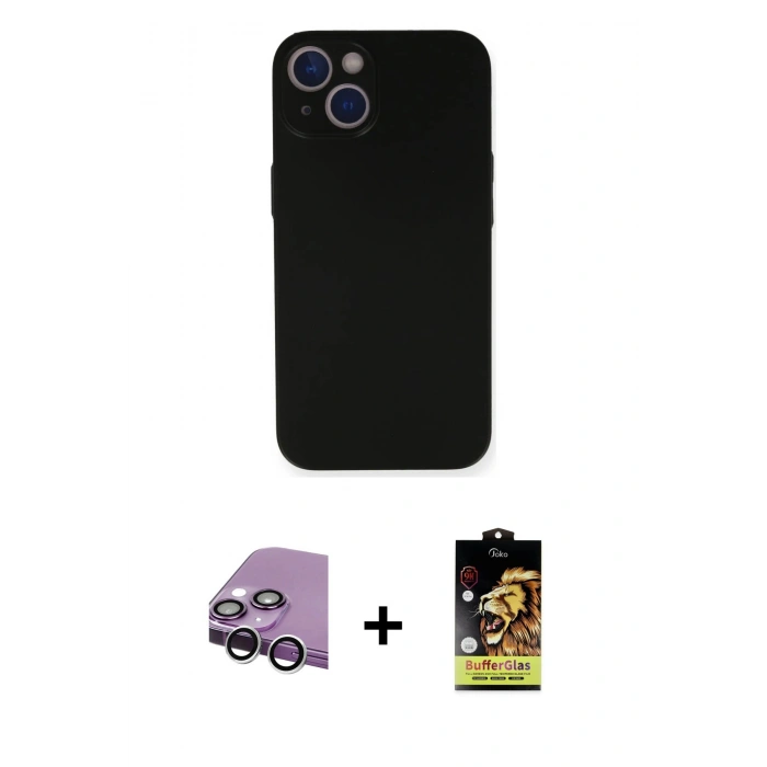 MARSİLYAN™- iPhone 14 Kılıf Yadigar Yansıma Serisi - Siyah Buffer Cam Ekran Koruyucu + Raze Metal Kamera Lens - GS