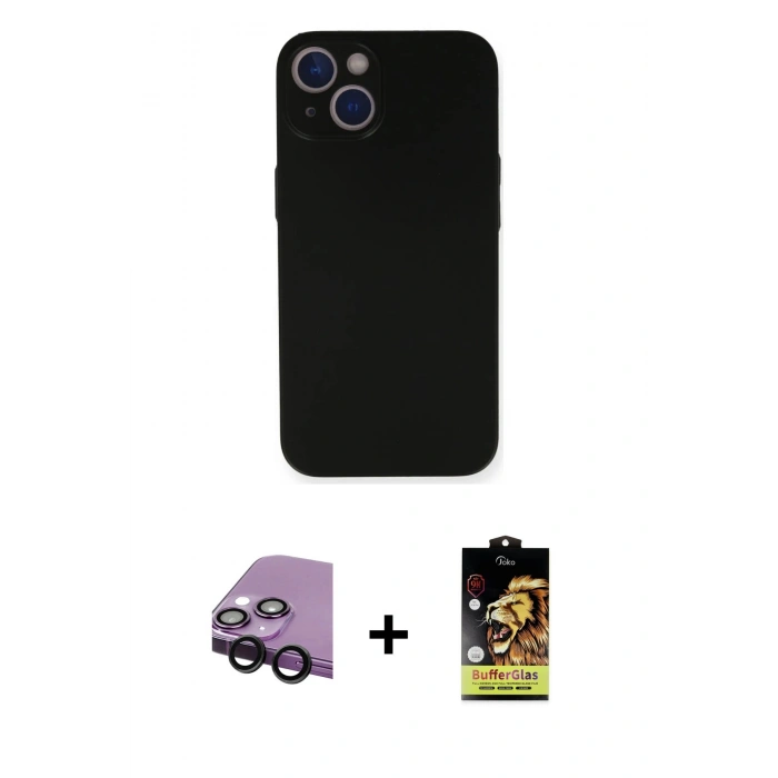 MARSİLYAN™- iPhone 14 Kılıf Yadigar Yansıma Serisi - Siyah Buffer Cam Ekran Koruyucu + Raze Metal Kamera Lens - SH
