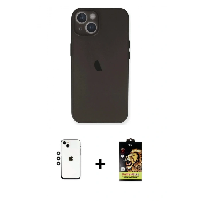 MARSİLYAN™- iPhone 14 Kılıf Yadigar Yansıma Serisi - Siyah Buffer Cam Ekran Koruyucu + Shine Kamera Lens - GS