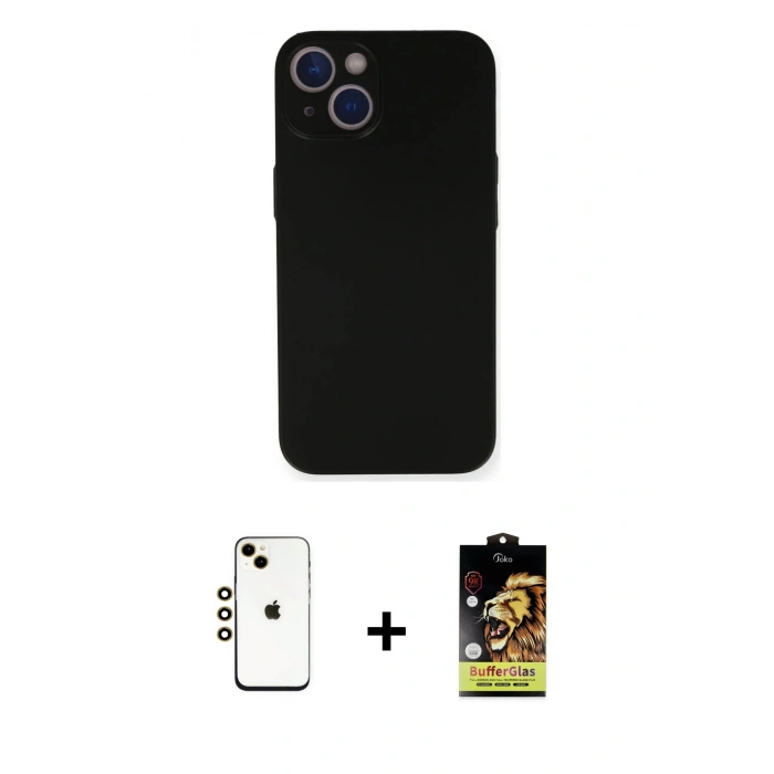 MARSİLYAN™- iPhone 14 Kılıf Yadigar Yansıma Serisi - Siyah Buffer Cam Ekran Koruyucu + Shine Kamera Lens - GD