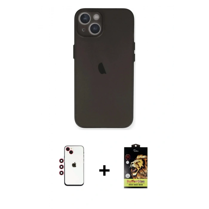 MARSİLYAN™- iPhone 14 Kılıf Yadigar Yansıma Serisi - Siyah Buffer Cam Ekran Koruyucu + Shine Kamera Lens - KI