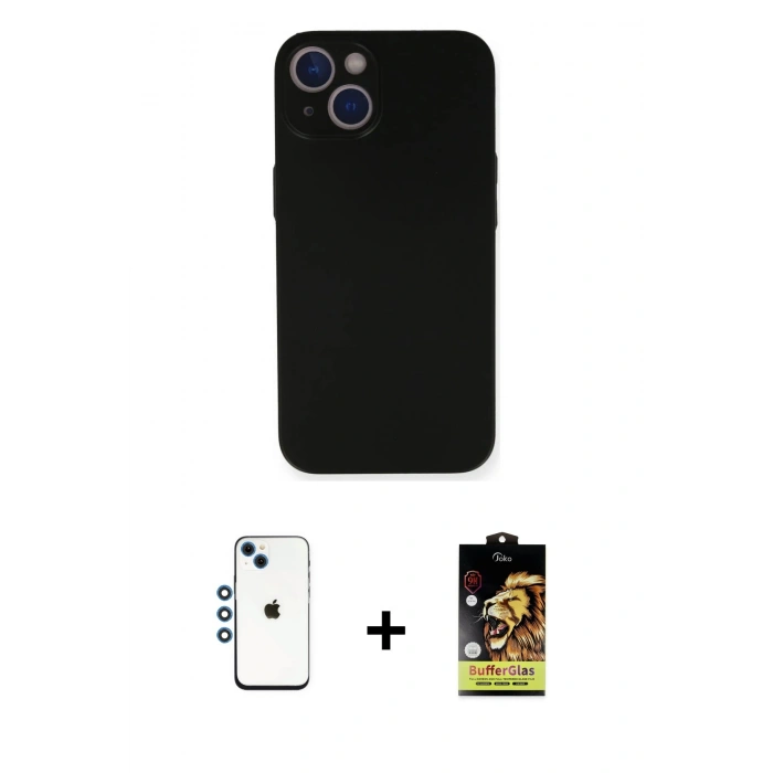 MARSİLYAN™- iPhone 14 Kılıf Yadigar Yansıma Serisi - Siyah Buffer Cam Ekran Koruyucu + Shine Kamera Lens - MI