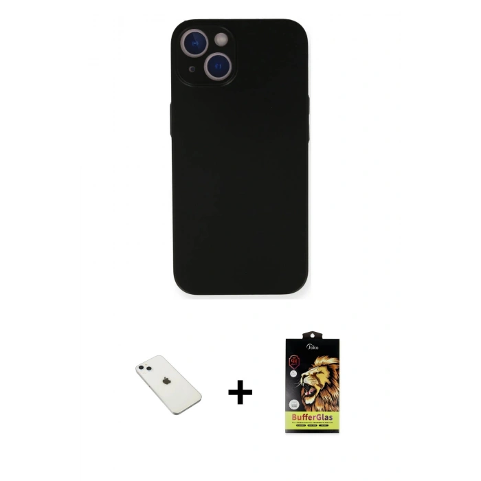MARSİLYAN™- iPhone 14 Kılıf Yadigar Yansıma Serisi - Siyah Buffer Cam Ekran Koruyucu + Sierra Blue Diamond Kamera Lens