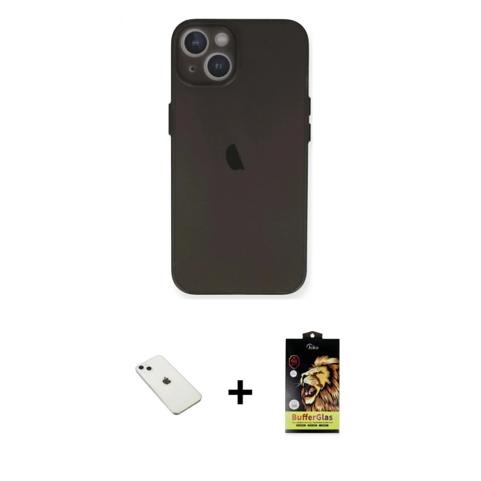 MARSİLYAN™- iPhone 14 Kılıf Yadigar Yansıma Serisi - Siyah Buffer Cam Ekran Koruyucu + Sierra Blue Diamond Kamera Lens