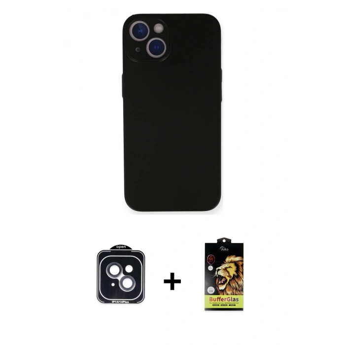 MARSİLYAN™- iPhone 14 Kılıf Yadigar Yansıma Serisi - Siyah Buffer Cam Ekran Koruyucu + Siyah PVD Metal Kamera Lens