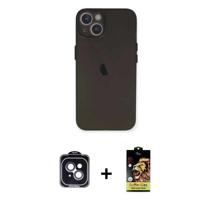 MARSİLYAN™- iPhone 14 Kılıf Yadigar Yansıma Serisi - Siyah Buffer Cam Ekran Koruyucu + Siyah PVD Metal Kamera Lens