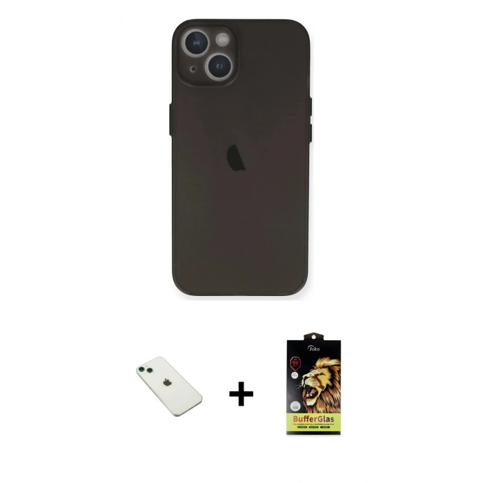 MARSİLYAN™- iPhone 14 Kılıf Yadigar Yansıma Serisi - Siyah Buffer Cam Ekran Koruyucu + Yeşil Diamond Kamera Lens