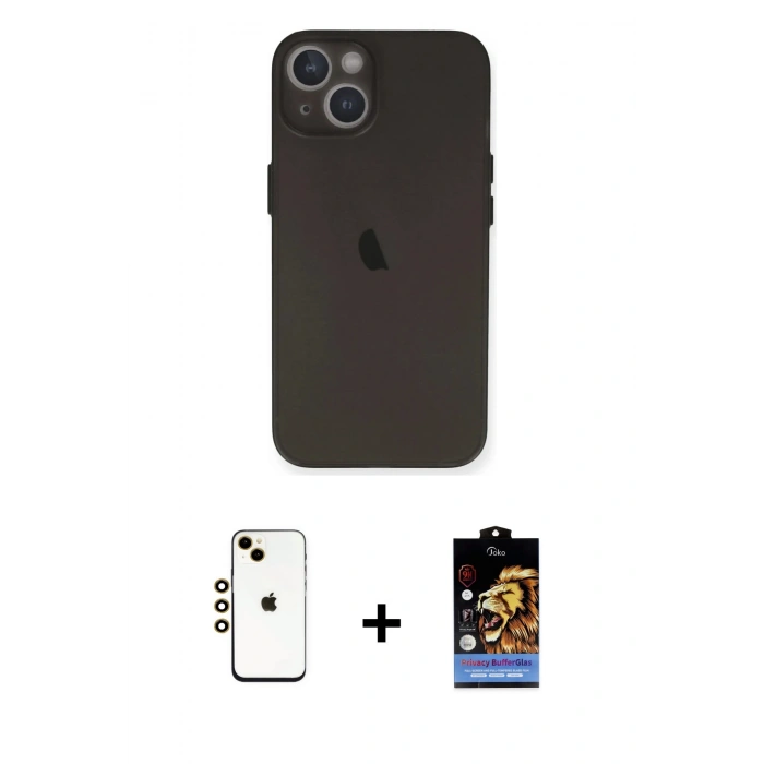 MARSİLYAN™- iPhone 14 Kılıf Yadigar Yansıma Serisi - Siyah Buffer Hayalet Cam Ekran Koruyucu + Gold Shine Kamera Lens