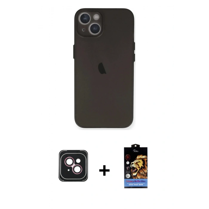 MARSİLYAN™- iPhone 14 Kılıf Yadigar Yansıma Serisi - Siyah Buffer Hayalet Cam Ekran Koruyucu + PVD Metal Kamera Lens - PE