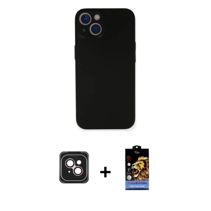 MARSİLYAN™- iPhone 14 Kılıf Yadigar Yansıma Serisi - Siyah Buffer Hayalet Cam Ekran Koruyucu + PVD Metal Kamera Lens - PE
