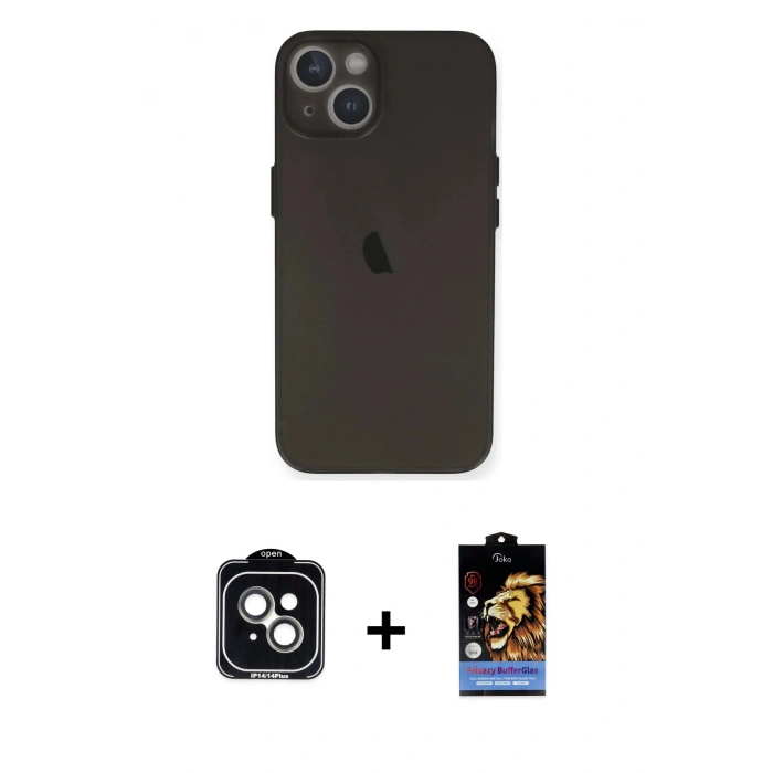MARSİLYAN™- iPhone 14 Kılıf Yadigar Yansıma Serisi - Siyah Buffer Hayalet Cam Ekran Koruyucu + PVD Metal Kamera Lens - YL
