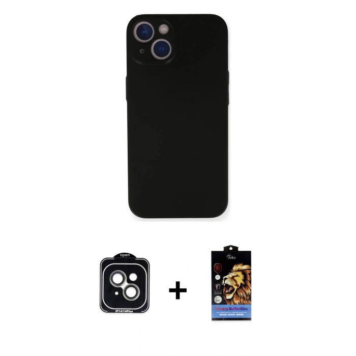MARSİLYAN™- iPhone 14 Kılıf Yadigar Yansıma Serisi - Siyah Buffer Hayalet Cam Ekran Koruyucu + PVD Metal Kamera Lens - YL
