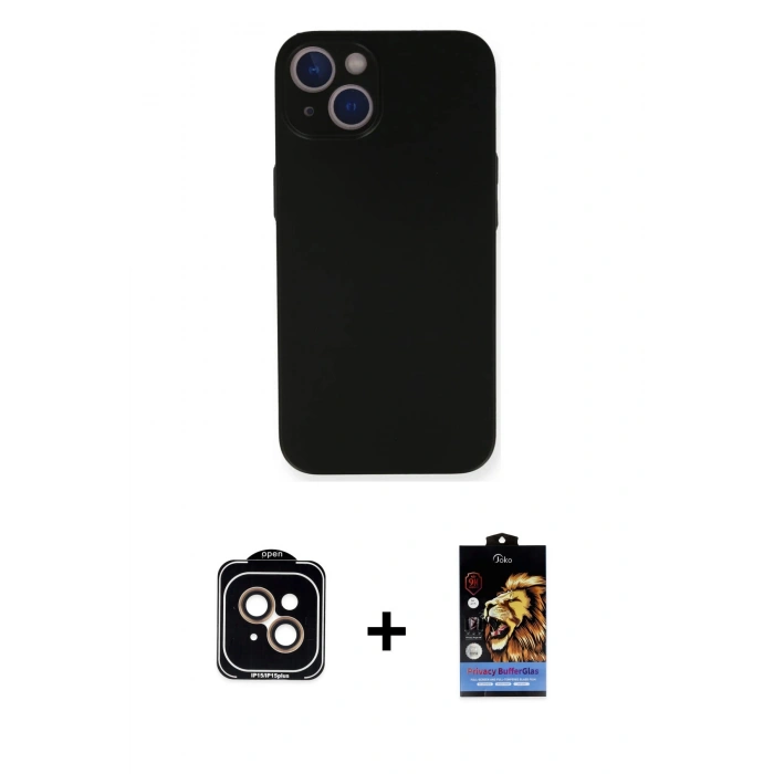 MARSİLYAN™- iPhone 14 Kılıf Yadigar Yansıma Serisi - Siyah Buffer Hayalet Cam Ekran Koruyucu + PVD Metal Kamera Lens - TU