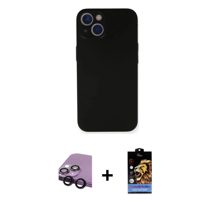 MARSİLYAN™- iPhone 14 Kılıf Yadigar Yansıma Serisi - Siyah Buffer Hayalet Cam Ekran Koruyucu + Raze Metal Kamera Lens - SH