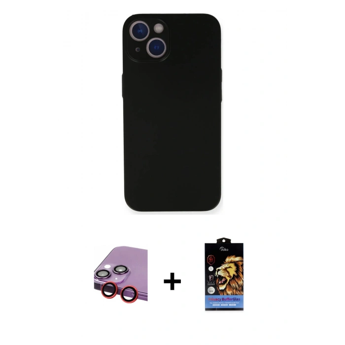MARSİLYAN™- iPhone 14 Kılıf Yadigar Yansıma Serisi - Siyah Buffer Hayalet Cam Ekran Koruyucu + Raze Metal Kamera Lens - KI