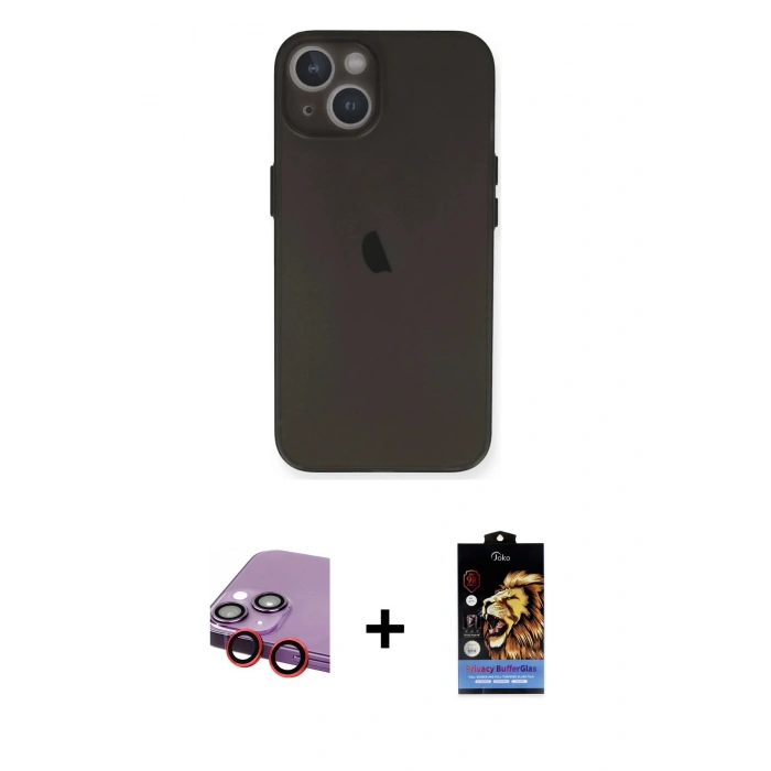 MARSİLYAN™- iPhone 14 Kılıf Yadigar Yansıma Serisi - Siyah Buffer Hayalet Cam Ekran Koruyucu + Raze Metal Kamera Lens - KI