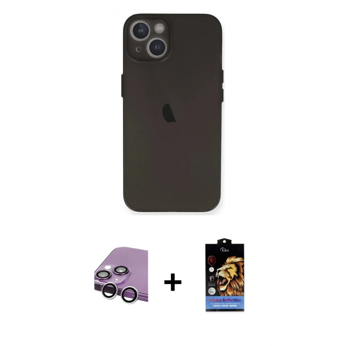 MARSİLYAN™- iPhone 14 Kılıf Yadigar Yansıma Serisi - Siyah Buffer Hayalet Cam Ekran Koruyucu + Raze Metal Kamera Lens - GS