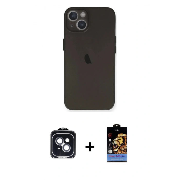 MARSİLYAN™- iPhone 14 Kılıf Yadigar Yansıma Serisi - Siyah Buffer Hayalet Cam Ekran Koruyucu + PVD Metal Kamera Lens - SH