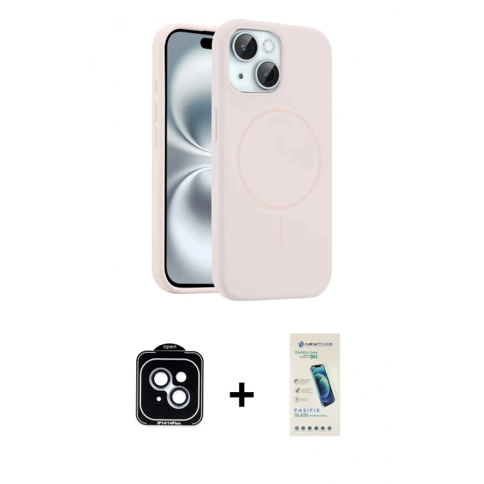 MARSİLYAN™- iPhone 14 Kılıf Yankı Form Serisi - Şeffaf Pasifik Cam Ekran Koruyucu + PVD Metal Kamera Lens - MI