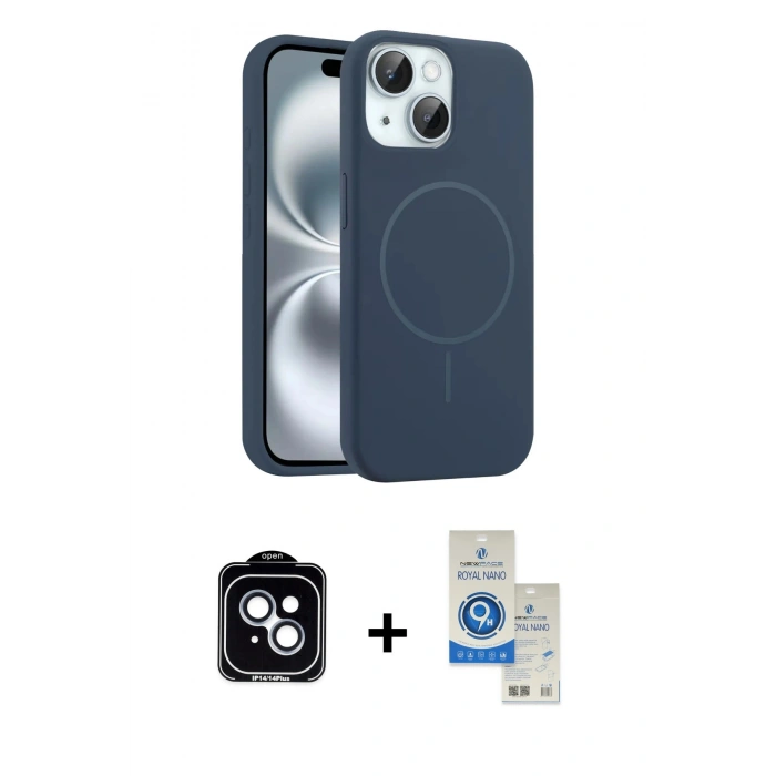 MARSİLYAN™- iPhone 14 Kılıf Yankı Form Serisi - Şeffaf Royal Nano Ekran Koruyucu + PVD Metal Kamera Lens - MI