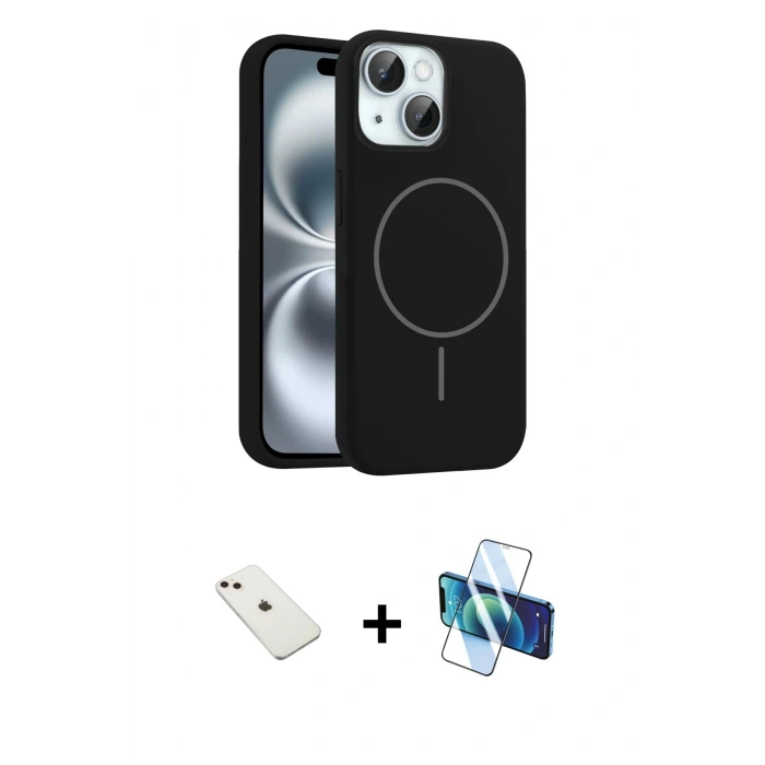 MARSİLYAN™- iPhone 14 Kılıf Yankı Form Serisi - Siyah 3D Antistatik Cam Ekran Koruyucu + Diamond Kamera Lens - PE