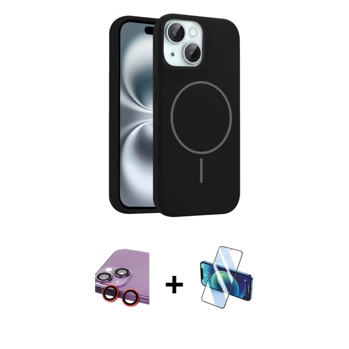 MARSİLYAN™- iPhone 14 Kılıf Yankı Form Serisi - Siyah 3D Antistatik Cam Ekran Koruyucu + Raze Metal Kamera Lens - KI