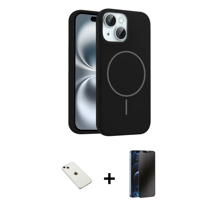 MARSİLYAN™- iPhone 14 Kılıf Yankı Form Serisi - Siyah 3D Antistatik Hayalet Cam Ekran Koruyucu + Diamond Kamera Lens - PE