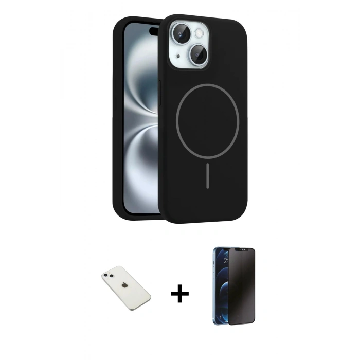 MARSİLYAN™- iPhone 14 Kılıf Yankı Form Serisi - Siyah 3D Antistatik Hayalet Cam Ekran Koruyucu + Diamond Kamera Lens - SABE