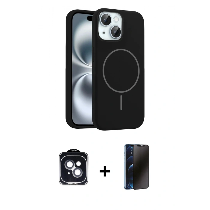 MARSİLYAN™- iPhone 14 Kılıf Yankı Form Serisi - Siyah 3D Antistatik Hayalet Cam Ekran Koruyucu + PVD Metal Kamera Lens - SH