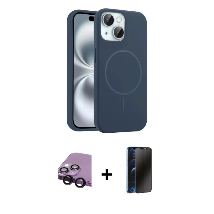 MARSİLYAN™- iPhone 14 Kılıf Yankı Form Serisi - Siyah 3D Antistatik Hayalet Cam Ekran Koruyucu + Raze Metal Kamera Lens - SH