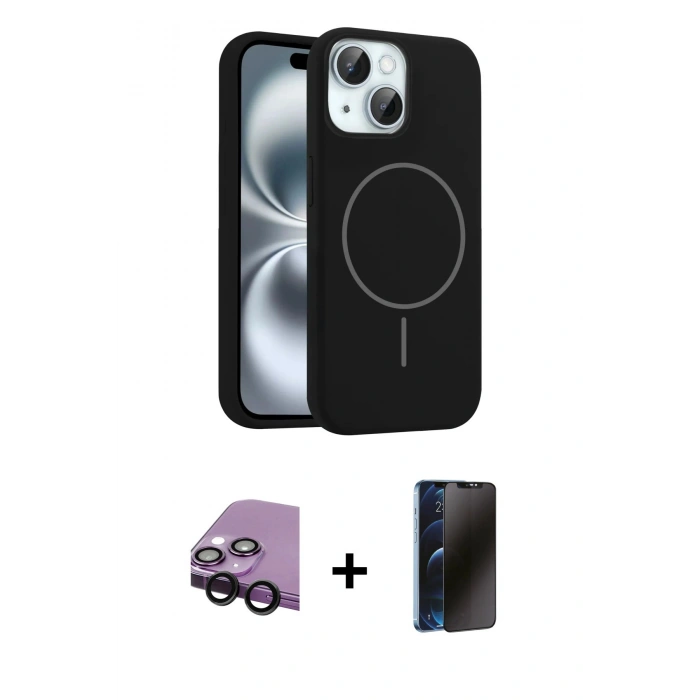MARSİLYAN™- iPhone 14 Kılıf Yankı Form Serisi - Siyah 3D Antistatik Hayalet Cam Ekran Koruyucu + Raze Metal Kamera Lens - SH