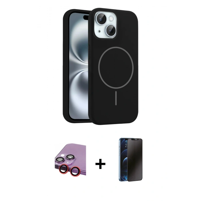 MARSİLYAN™- iPhone 14 Kılıf Yankı Form Serisi - Siyah 3D Antistatik Hayalet Cam Ekran Koruyucu + Raze Metal Kamera Lens - KI