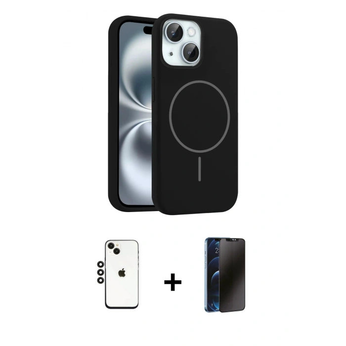 MARSİLYAN™- iPhone 14 Kılıf Yankı Form Serisi - Siyah 3D Antistatik Hayalet Cam Ekran Koruyucu + Shine Kamera Lens - SH