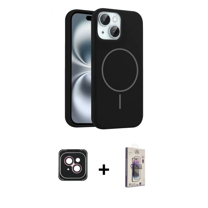 MARSİLYAN™- iPhone 14 Kılıf Yankı Form Serisi - Siyah Bilvis 3D Cam Ekran Koruyucu + PVD Metal Kamera Lens - PE