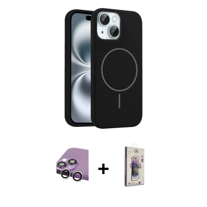MARSİLYAN™- iPhone 14 Kılıf Yankı Form Serisi - Siyah Bilvis 3D Cam Ekran Koruyucu + Raze Metal Kamera Lens - GS