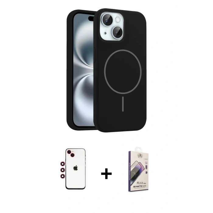 MARSİLYAN™- iPhone 14 Kılıf Yankı Form Serisi - Siyah Bilvis 3D Mat Cam Ekran Koruyucu + Shine Kamera Lens - KI