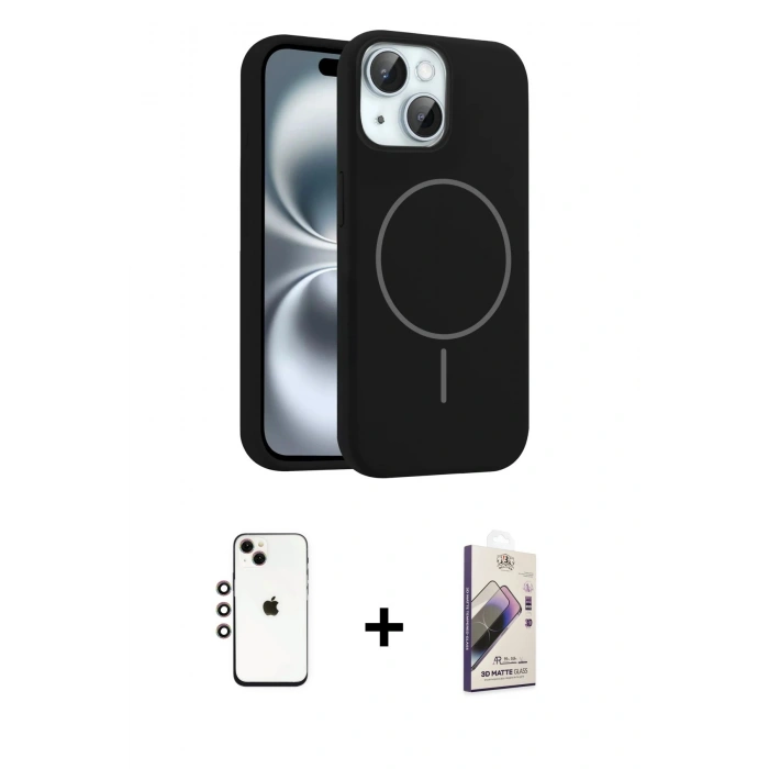 MARSİLYAN™- iPhone 14 Kılıf Yankı Form Serisi - Siyah Bilvis 3D Mat Cam Ekran Koruyucu + Shine Kamera Lens - GI