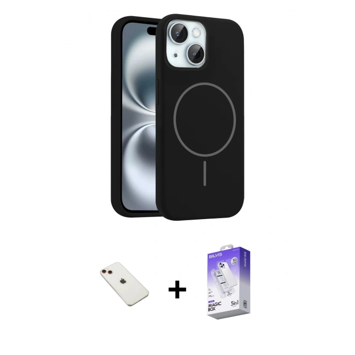 MARSİLYAN™- iPhone 14 Kılıf Yankı Form Serisi - Siyah Bilvis 5in1 3D Magic Cam Ekran Koruyucu + Diamond Kamera Lens - KI