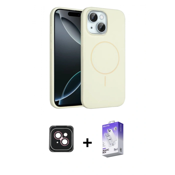 MARSİLYAN™- iPhone 14 Kılıf Yankı Form Serisi - Siyah Bilvis 5in1 3D Magic Cam Ekran Koruyucu + PVD Metal Kamera Lens - PE