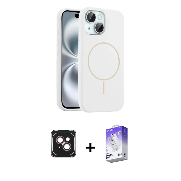MARSİLYAN™- iPhone 14 Kılıf Yankı Form Serisi - Siyah Bilvis 5in1 3D Magic Cam Ekran Koruyucu + PVD Metal Kamera Lens - PE