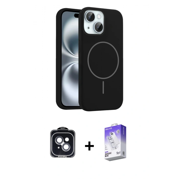 MARSİLYAN™- iPhone 14 Kılıf Yankı Form Serisi - Siyah Bilvis 5in1 3D Magic Cam Ekran Koruyucu + PVD Metal Kamera Lens - SH