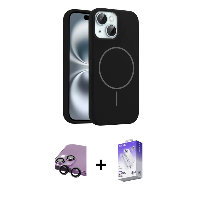 MARSİLYAN™- iPhone 14 Kılıf Yankı Form Serisi - Siyah Bilvis 5in1 3D Magic Cam Ekran Koruyucu + Raze Metal Kamera Lens - SH